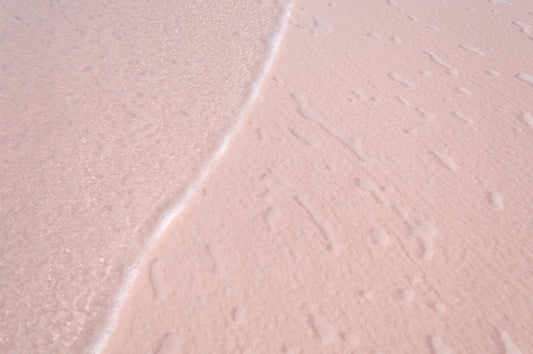 Fine art photography featuring a gentle wave lapping across a pink sand beach. The water is clear and small salty bubbles are visible across the sand, creating an organic design.