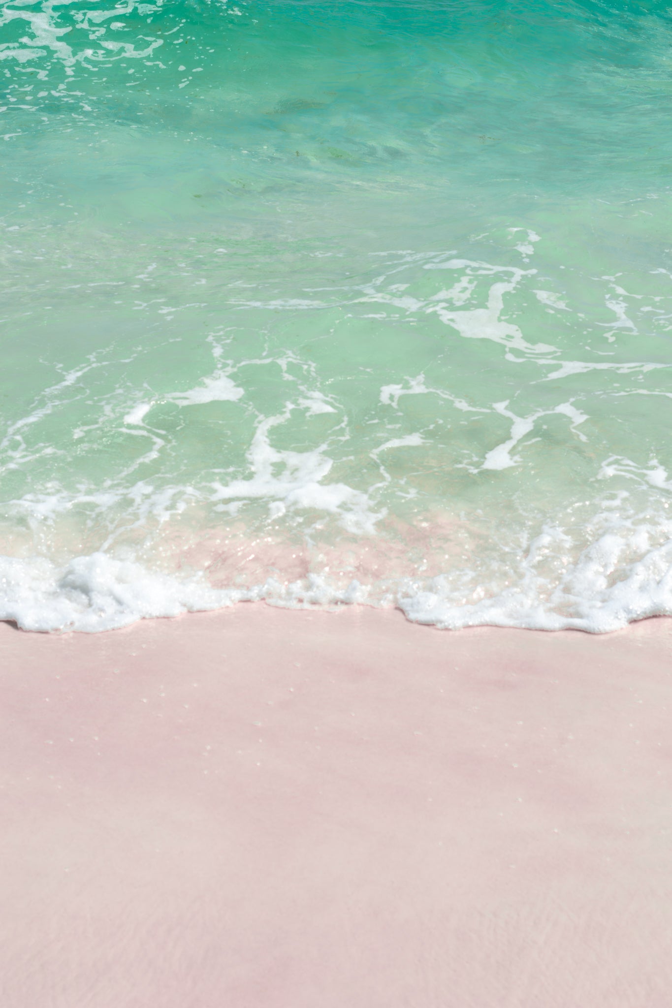 Fine art photography print featuring teal waters gracing the shores of a pink sand beach. The teal and pink create a juxtaposition of bold color, which is briefly interrupted by white bubble salt spray from the outgoing wave.